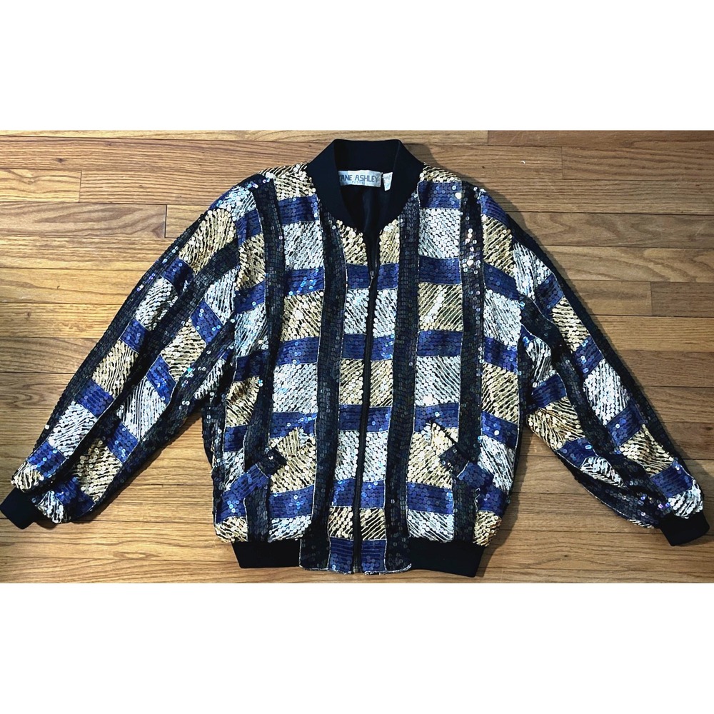Vintage 1980s Jane Ashley Sequin Jacket Petite S Blue Gold Black Sparkly